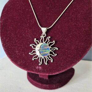 Vintage Sun and Moon Multicolor Opal Pendant Necklace Sterling Silver Mexico
